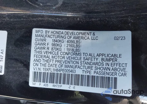 2023 Honda Civic Sport Touring from USA, damaged, VIN 19XFL1H84PE005463